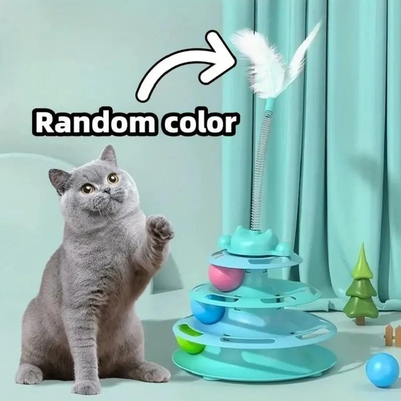 Interactive Cat Toy Tower Kitten Turntable Track Roller Balls Toys With Feather Pets Training Supplies Toy For Cat Tower