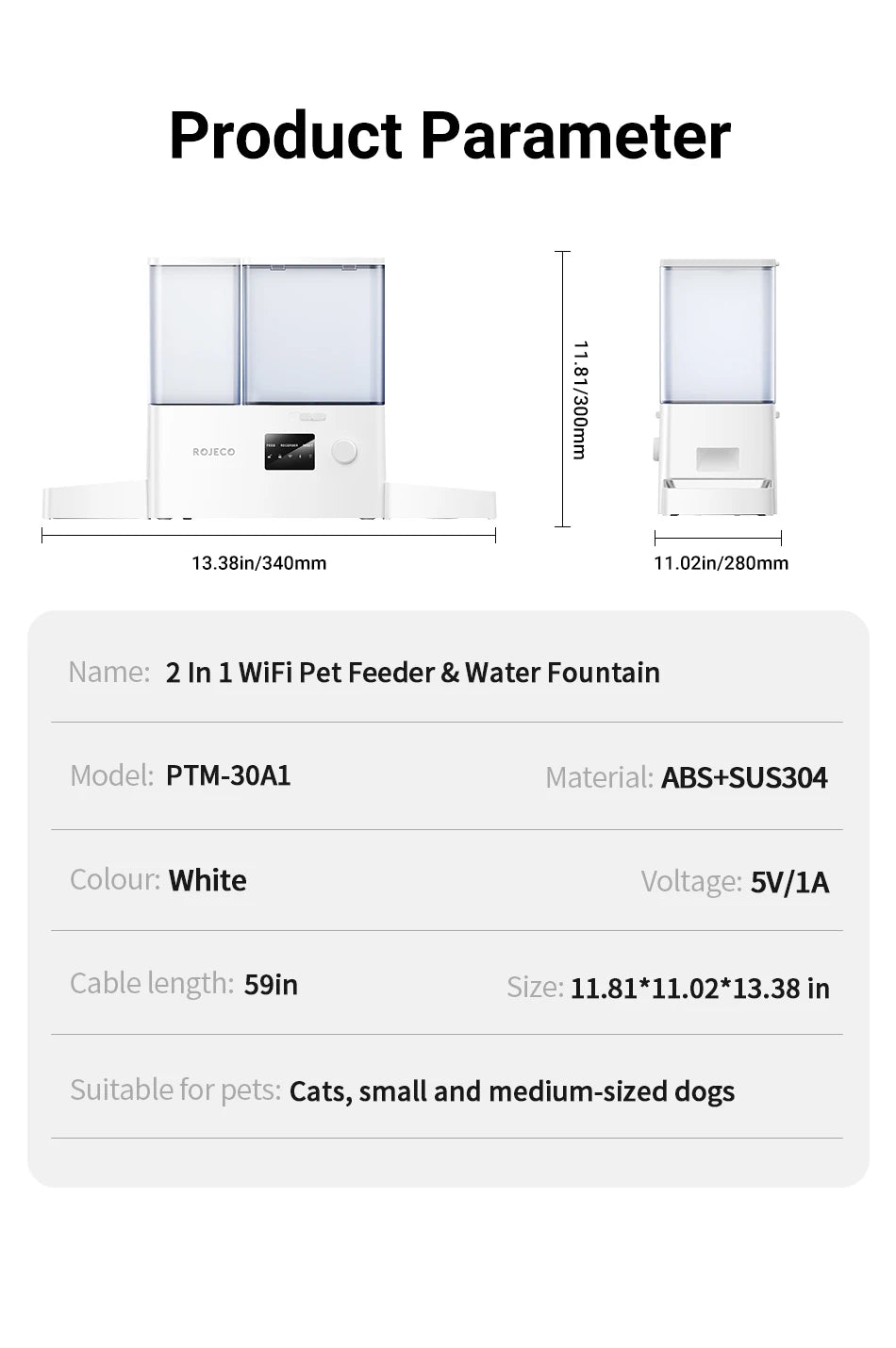 ROJECO Automatic Pet Feeder Gravity Water Fountain 8.5L 2 In 1 WIFI Remote Control Smart Cat Dog Kibble Dispenser Water Drinker