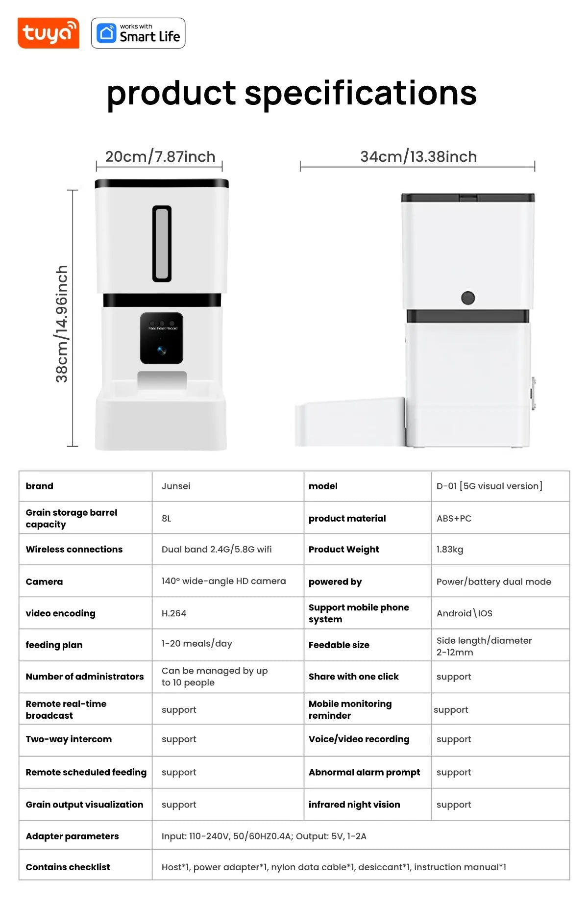 Tuya Smart Cat Food Dispenser Dog Feeder with Camera 5G WiFi 8L Motion Detection HD Video 2-Way Audio Timed Pet Feeder