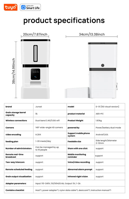 Tuya Smart Cat Food Dispenser Dog Feeder with Camera 5G WiFi 8L Motion Detection HD Video 2-Way Audio Timed Pet Feeder