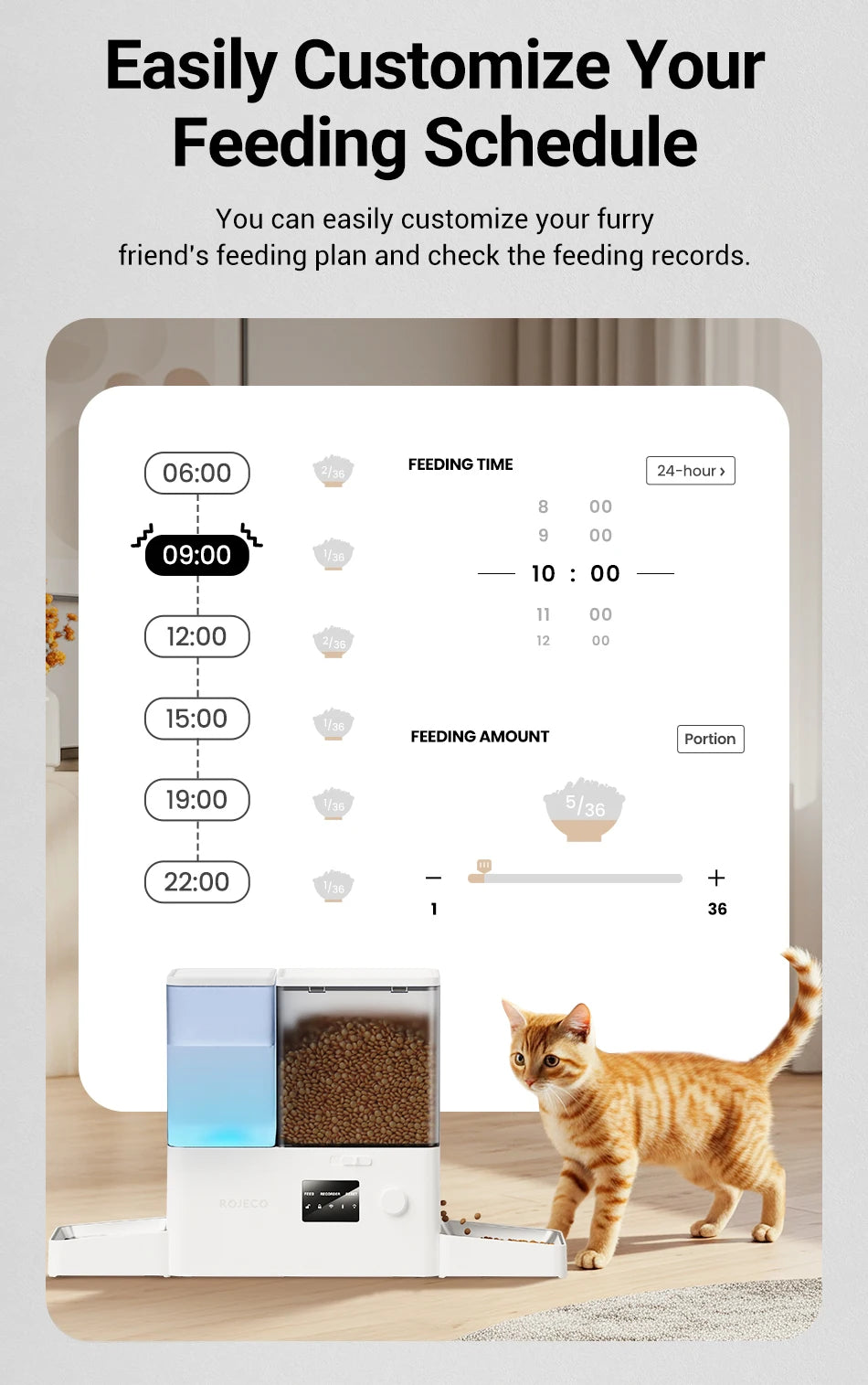 ROJECO Automatic Pet Feeder Gravity Water Fountain 8.5L 2 In 1 WIFI Remote Control Smart Cat Dog Kibble Dispenser Water Drinker