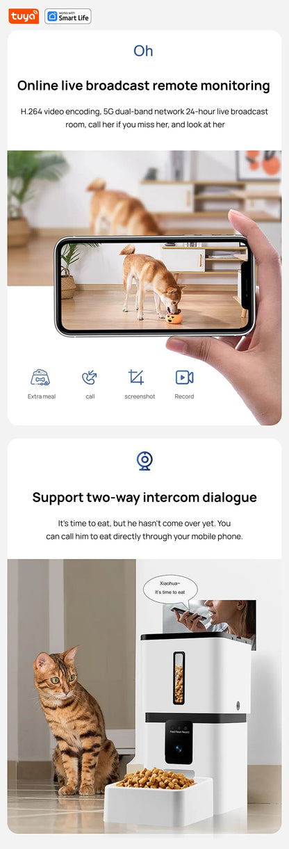 Tuya Smart Cat Food Dispenser Dog Feeder with Camera 5G WiFi 8L Motion Detection HD Video 2-Way Audio Timed Pet Feeder