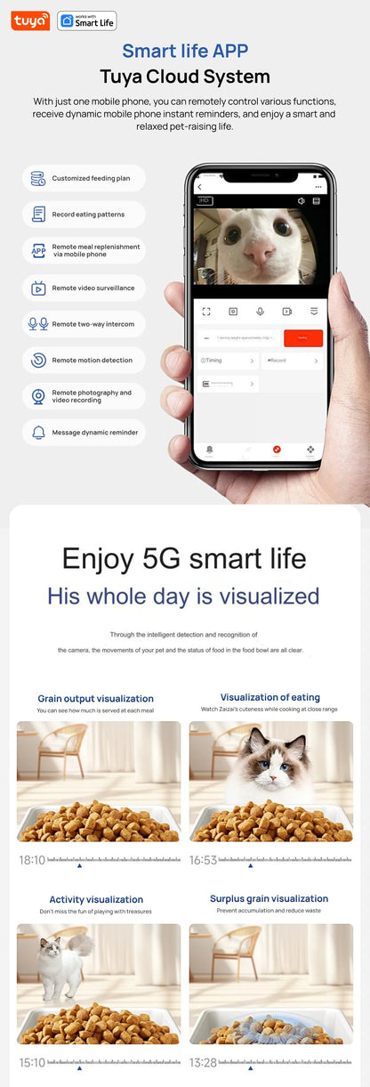 Tuya Smart Cat Food Dispenser Dog Feeder with Camera 5G WiFi 8L Motion Detection HD Video 2-Way Audio Timed Pet Feeder