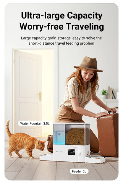 ROJECO Automatic Pet Feeder Gravity Water Fountain 8.5L 2 In 1 WIFI Remote Control Smart Cat Dog Kibble Dispenser Water Drinker