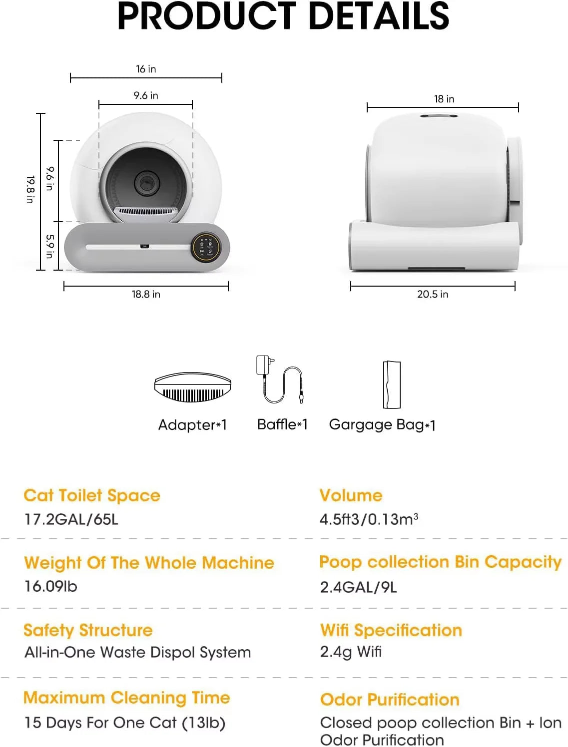Tonepie 65L Automatic Smart Cat Litter Box Self Cleaning Fully Enclosed Cat Litter Box Pet Toilet Litter Tray