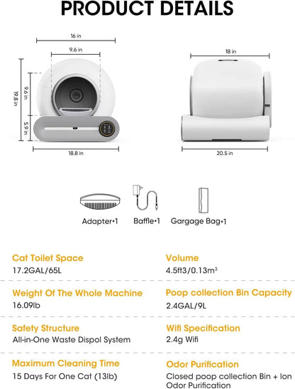 Tonepie 65L Automatic Smart Cat Litter Box Self Cleaning Fully Enclosed Cat Litter Box Pet Toilet Litter Tray