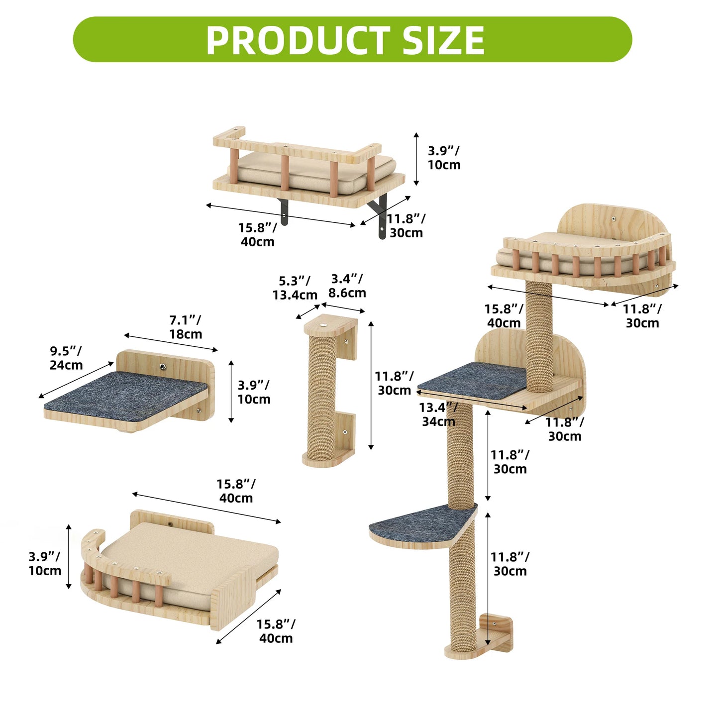 YITAHOME 7-Piece Wooden Cat Climbing Set - Wall-Mounted with Scratching Posts, Corner Platform, Stairs & Bed for Play/Sleep