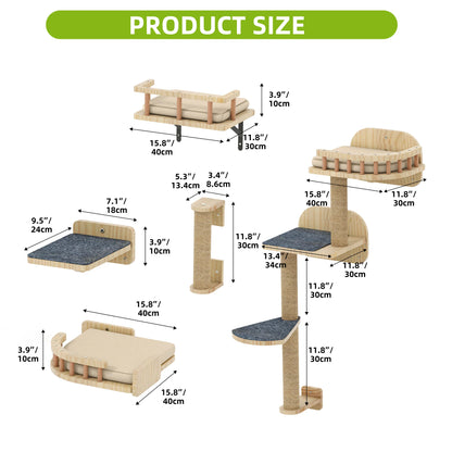 YITAHOME 7-Piece Wooden Cat Climbing Set - Wall-Mounted with Scratching Posts, Corner Platform, Stairs & Bed for Play/Sleep