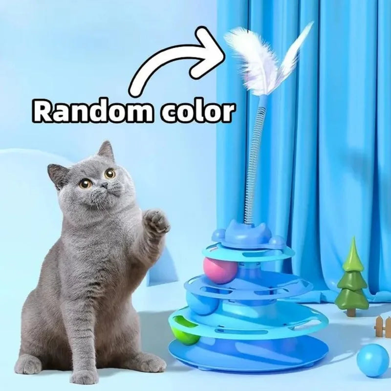 Interactive Cat Toy Tower Kitten Turntable Track Roller Balls Toys With Feather Pets Training Supplies Toy For Cat Tower