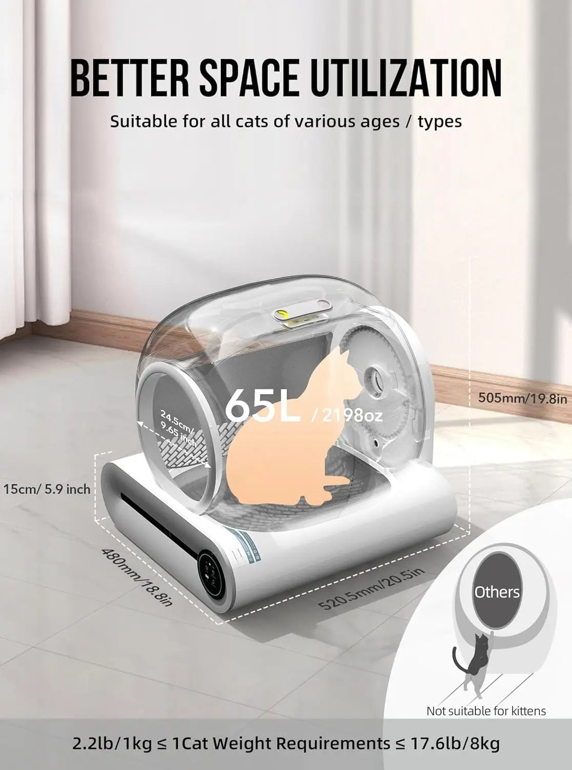 Tonepie 65L Automatic Smart Cat Litter Box Self Cleaning Fully Enclosed Cat Litter Box Pet Toilet Litter Tray