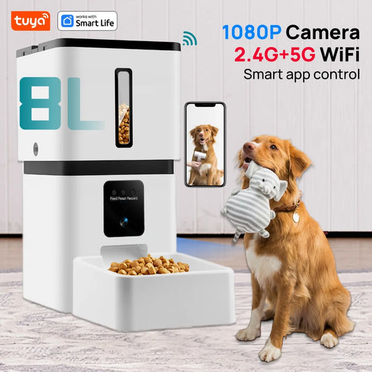 Tuya Smart Cat Food Dispenser Dog Feeder with Camera 5G WiFi 8L Motion Detection HD Video 2-Way Audio Timed Pet Feeder