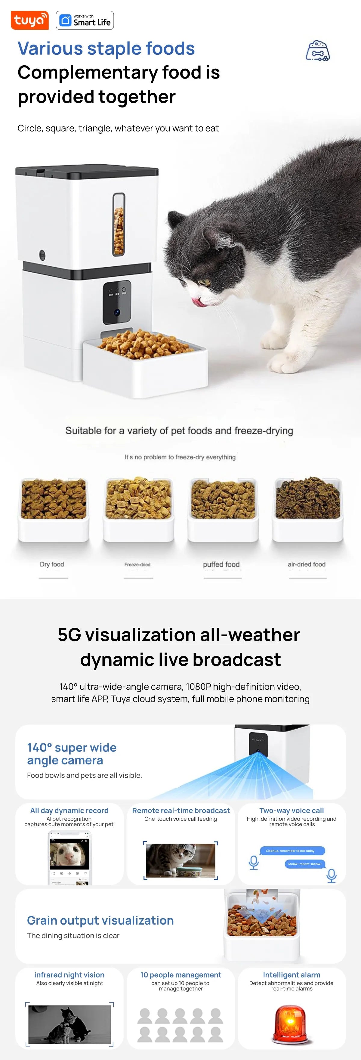 Tuya Smart Cat Food Dispenser Dog Feeder with Camera 5G WiFi 8L Motion Detection HD Video 2-Way Audio Timed Pet Feeder
