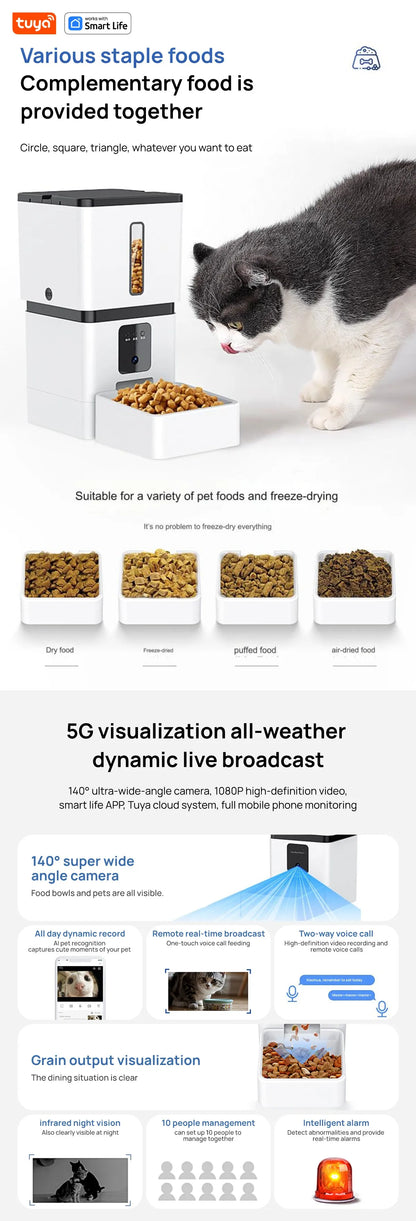 Tuya Smart Cat Food Dispenser Dog Feeder with Camera 5G WiFi 8L Motion Detection HD Video 2-Way Audio Timed Pet Feeder