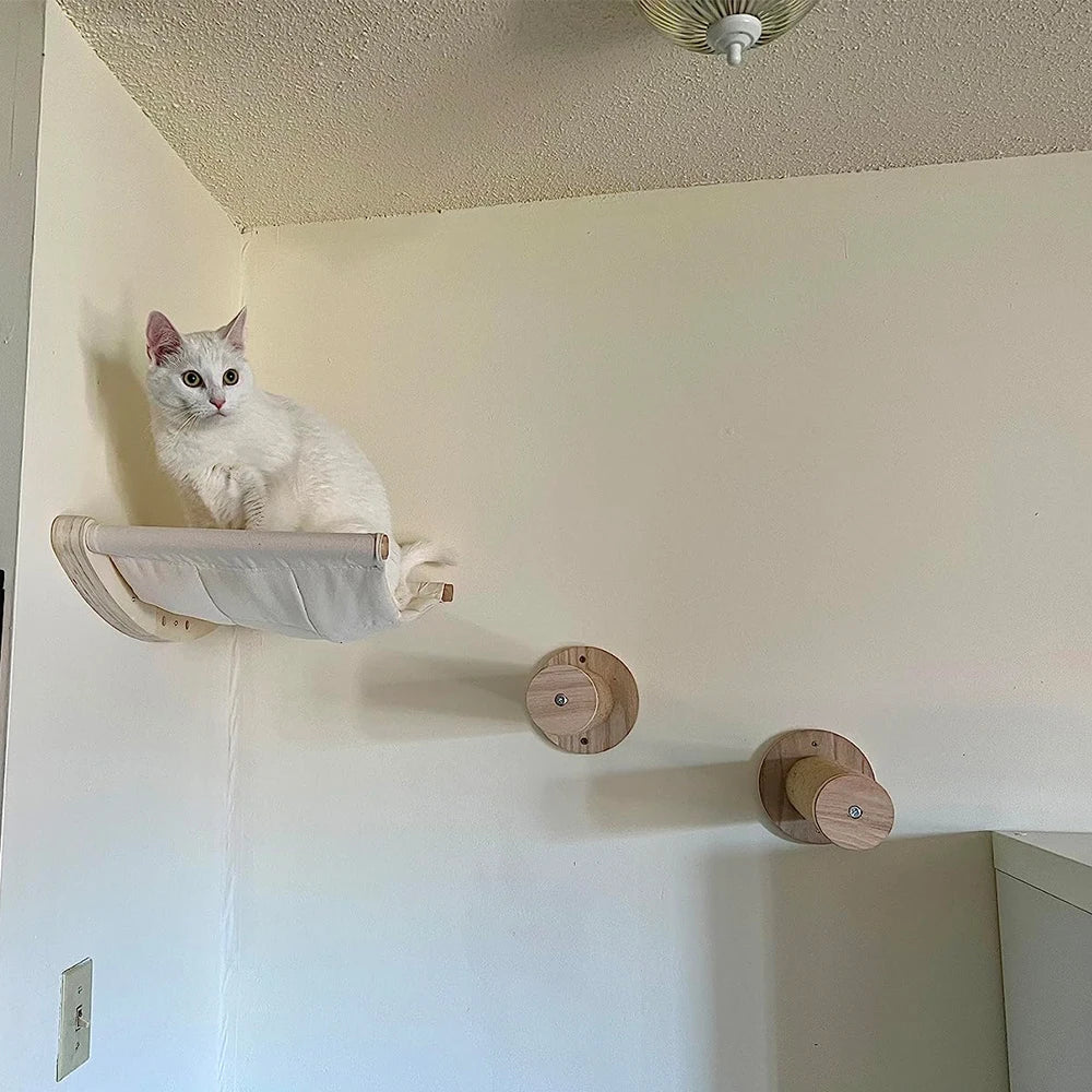 Wall Mounted Cat Climbing Shelves Cat House Cat Bridge Cat Hammock with Scratching Post and Pedals or Stairway for Kittens