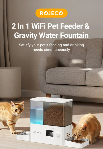 ROJECO Automatic Pet Feeder Gravity Water Fountain 8.5L 2 In 1 WIFI Remote Control Smart Cat Dog Kibble Dispenser Water Drinker