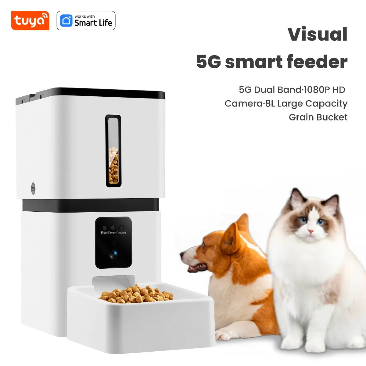 Tuya Smart Cat Food Dispenser Dog Feeder with Camera 5G WiFi 8L Motion Detection HD Video 2-Way Audio Timed Pet Feeder