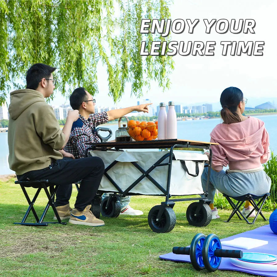 Collapsible Folding Utility Beach Wagon Cart Heavy Duty Large Capacity Fold Wagon Outdoor Trolley Portable Camping Cart Table