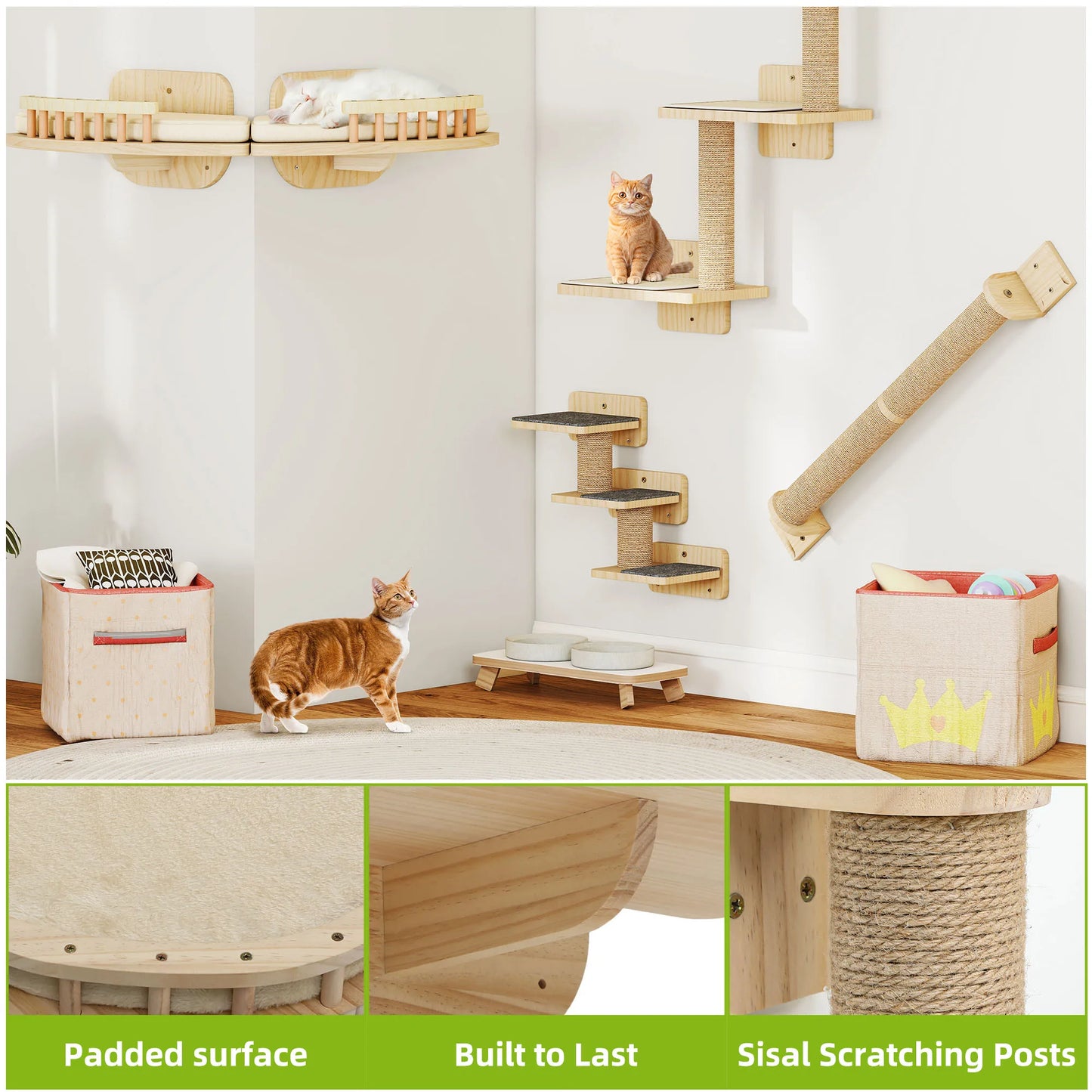 YITAHOME 7-Piece Wood Cat Climbing Wall - 3 Scratching Posts, 2 Platforms & 2 Stairs for Play/Sleep/Lounge