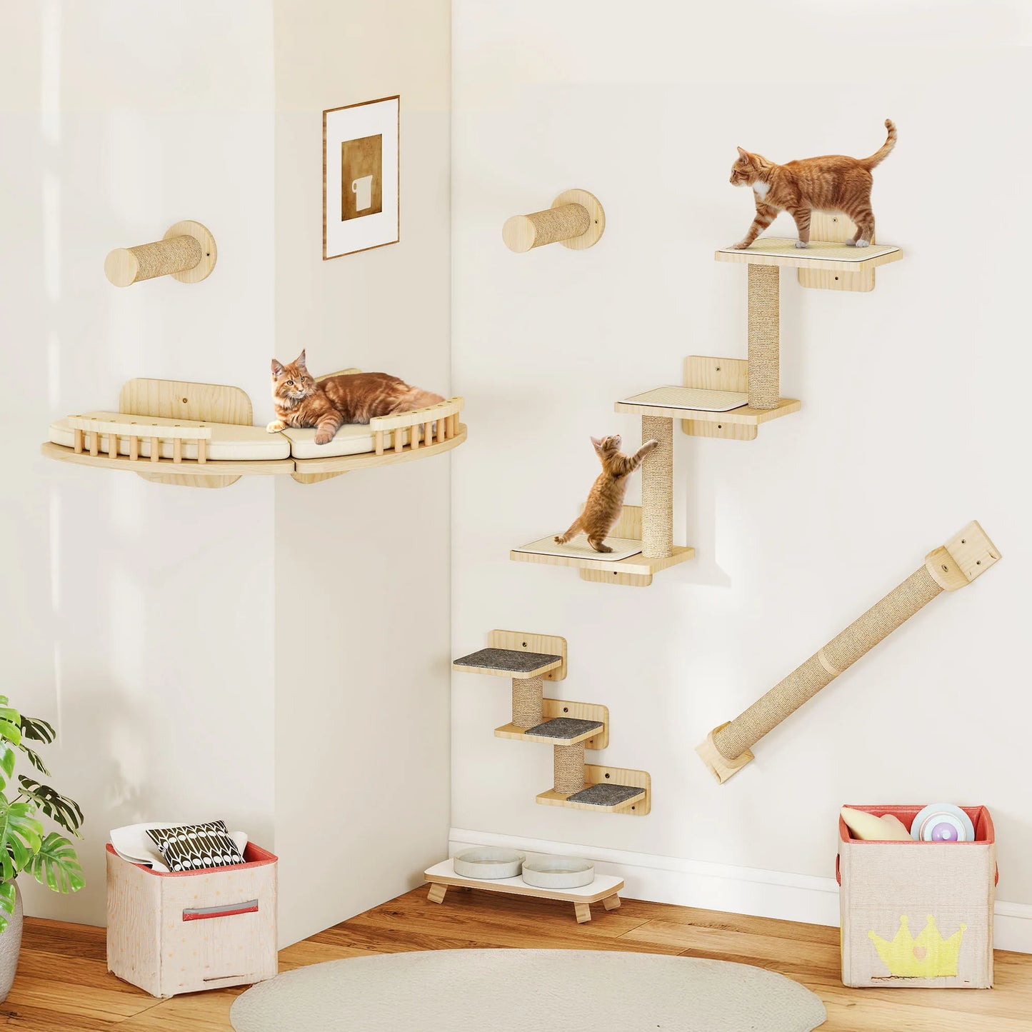 YITAHOME 7-Piece Wood Cat Climbing Wall - 3 Scratching Posts, 2 Platforms & 2 Stairs for Play/Sleep/Lounge