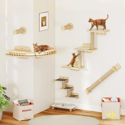 YITAHOME 7-Piece Wood Cat Climbing Wall - 3 Scratching Posts, 2 Platforms & 2 Stairs for Play/Sleep/Lounge