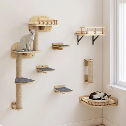YITAHOME 7-Piece Wooden Cat Climbing Set - Wall-Mounted with Scratching Posts, Corner Platform, Stairs & Bed for Play/Sleep