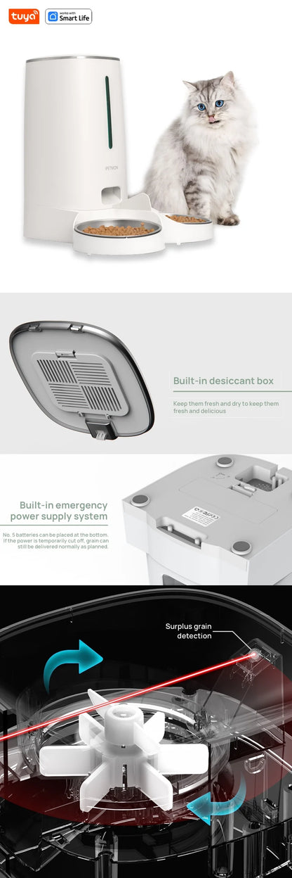 WiFi Automatic Cat Feeders for 2 Cats, 4L Cat Food Dispenser with APP Control, Double Stainless Steel Bowls, Low Food Alarms