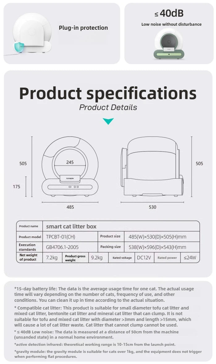 NEW Tonepie 65L Smart Cat Litter Box APP-controlled toilet Wi-Fi-connected,large-capacity,self-cleaning cat litter box EU STOCK