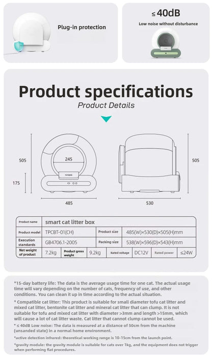 NEW Tonepie 65L Smart Cat Litter Box APP-controlled toilet Wi-Fi-connected,large-capacity,self-cleaning cat litter box EU STOCK