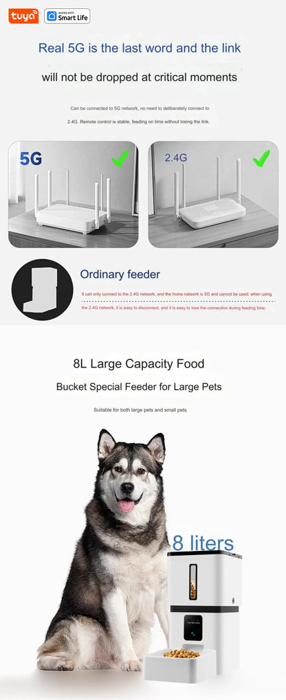 Tuya Smart Cat Food Dispenser Dog Feeder with Camera 5G WiFi 8L Motion Detection HD Video 2-Way Audio Timed Pet Feeder