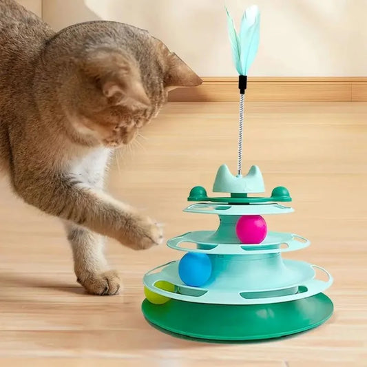 Interactive Cat Toy Tower Kitten Turntable Track Roller Balls Toys With Feather Pets Training Supplies Toy For Cat Tower