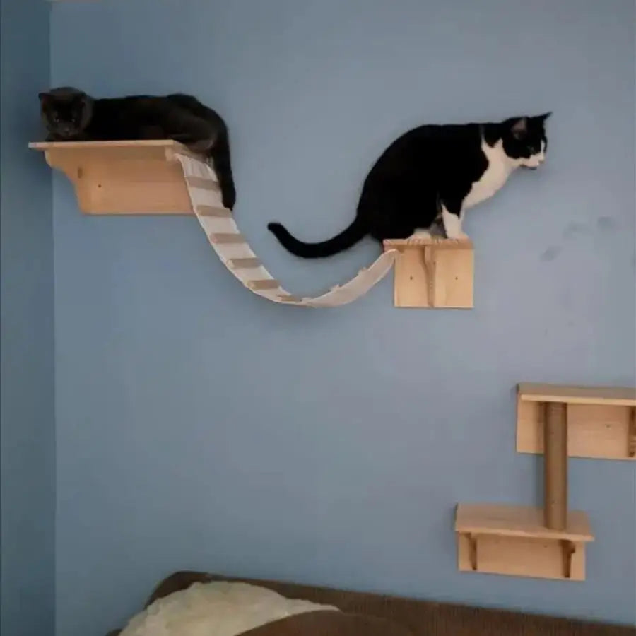 Wall Mounted Cat Climbing Shelves Cat House Cat Bridge Cat Hammock with Scratching Post and Pedals or Stairway for Kittens