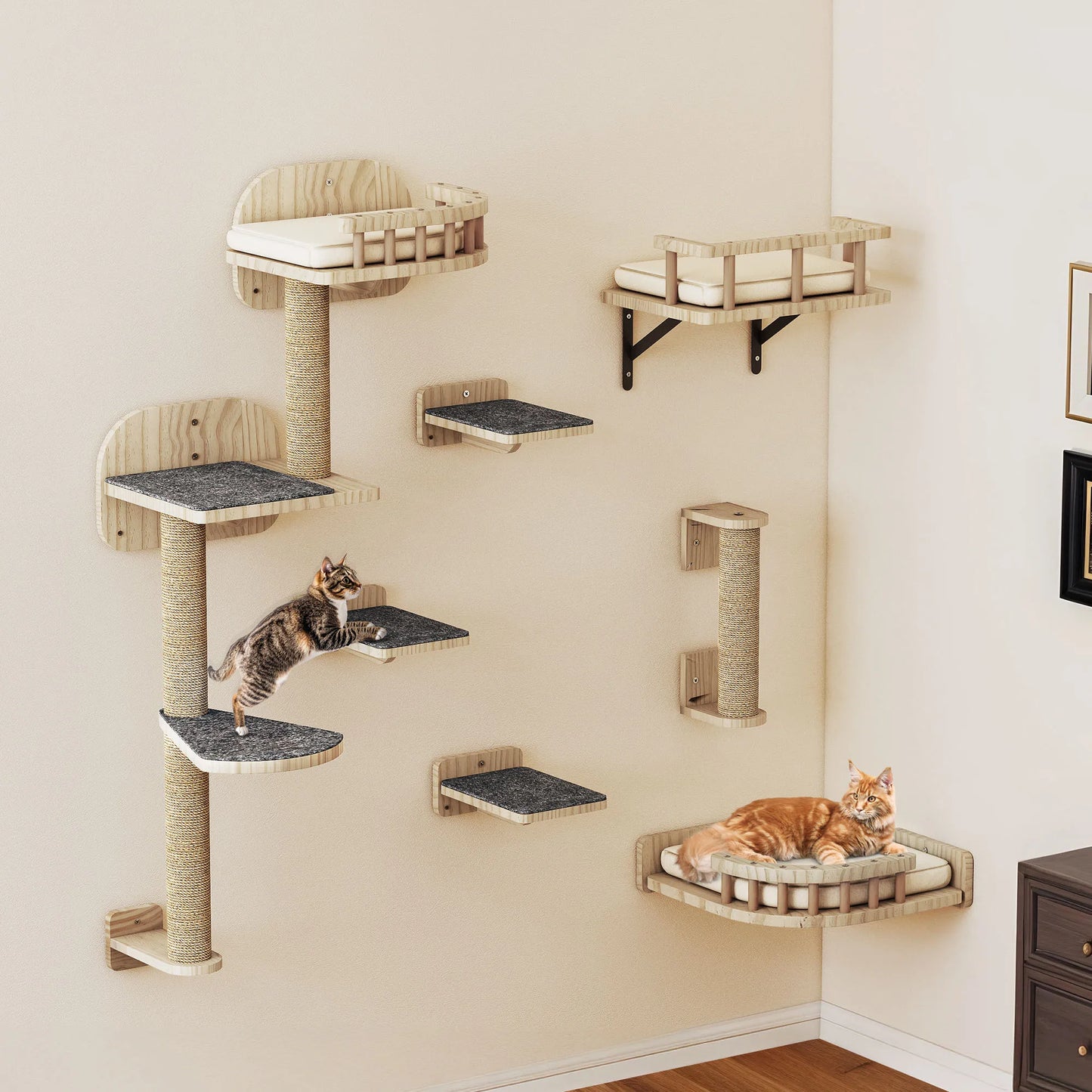 YITAHOME 7-Piece Wooden Cat Climbing Set - Wall-Mounted with Scratching Posts, Corner Platform, Stairs & Bed for Play/Sleep