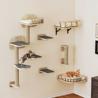 YITAHOME 7-Piece Wooden Cat Climbing Set - Wall-Mounted with Scratching Posts, Corner Platform, Stairs & Bed for Play/Sleep