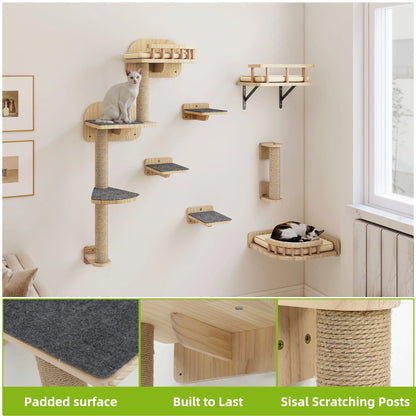 YITAHOME 7-Piece Wooden Cat Climbing Set - Wall-Mounted with Scratching Posts, Corner Platform, Stairs & Bed for Play/Sleep