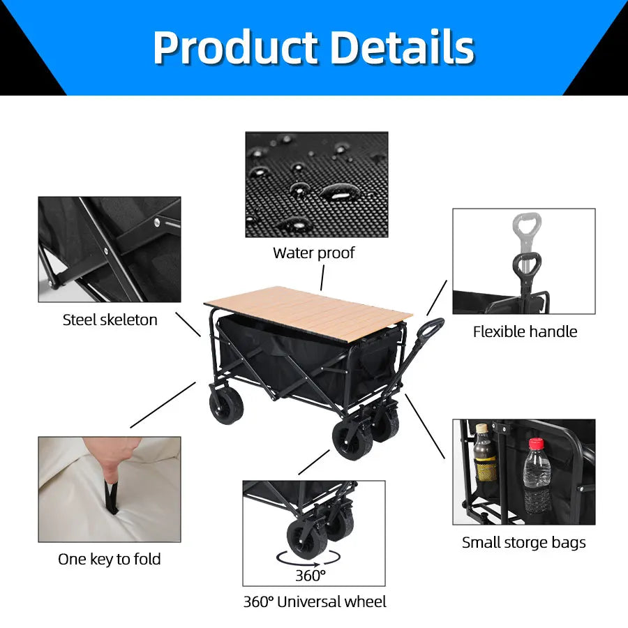 Collapsible Folding Utility Beach Wagon Cart Heavy Duty Large Capacity Fold Wagon Outdoor Trolley Portable Camping Cart Table