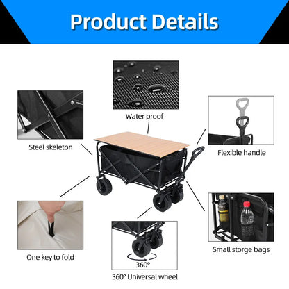 Collapsible Folding Utility Beach Wagon Cart Heavy Duty Large Capacity Fold Wagon Outdoor Trolley Portable Camping Cart Table